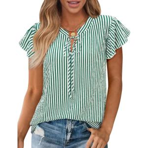 image:imagesiliteelon Women Dressy Casual Blouses Ruffle Cap Sleeve Tops Flutter Sleeve V Neck Work Shirt Cute Spring 2026 TrendyGreen Striped