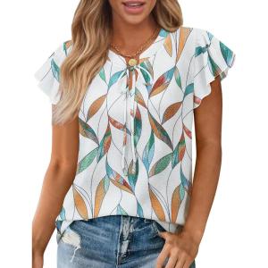 image:imagesiliteelon Women Dressy Casual Blouses Ruffle Cap Sleeve Tops Flutter Sleeve V Neck Work Shirt Cute Spring 2026 TrendyLeaf Print