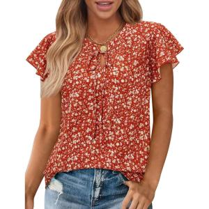 image:imagesiliteelon Women Dressy Casual Blouses Ruffle Cap Sleeve Tops Flutter Sleeve V Neck Work Shirt Cute Spring 2026 TrendyRed Floral
