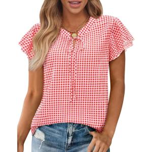 image:imagesiliteelon Women Dressy Casual Blouses Ruffle Cap Sleeve Tops Flutter Sleeve V Neck Work Shirt Cute Spring 2026 TrendyRed Gingham