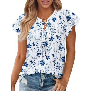 image:imagesiliteelon Women Dressy Casual Blouses Ruffle Cap Sleeve Tops Flutter Sleeve V Neck Work Shirt Cute Spring 2026 TrendyWhite Blue Floral