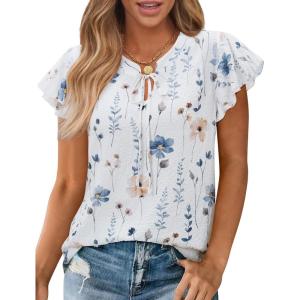 image:imagesiliteelon Women Dressy Casual Blouses Ruffle Cap Sleeve Tops Flutter Sleeve V Neck Work Shirt Cute Spring 2026 TrendyWhite Floral