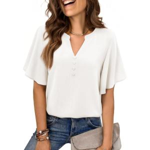 image:imagesiliteelon Women Dressy Casual Blouses Ruffle Short Sleeve V Neck Tops Flowy Loose Fitting Work Business Casual ShirtAll White