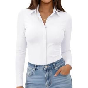 image:imagesiliteelon Womens Stretch Button Down Shirt Fitted Dress Shirt Long Sleeve Wrinkle Free Collared Business Casual BlouseA White