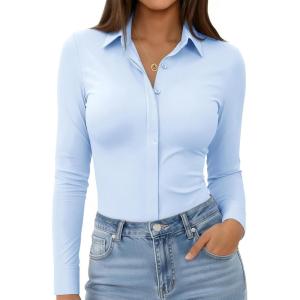 image:imagesiliteelon Womens Stretch Button Down Shirt Fitted Dress Shirt Long Sleeve Wrinkle Free Collared Business Casual BlouseAll Light Blue