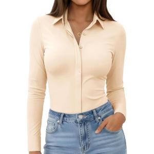 image:imagesiliteelon Womens Stretch Button Down Shirt Fitted Dress Shirt Long Sleeve Wrinkle Free Collared Business Casual BlouseBeige