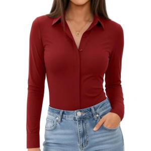 image:imagesiliteelon Womens Stretch Button Down Shirt Fitted Dress Shirt Long Sleeve Wrinkle Free Collared Business Casual BlouseBurgundy