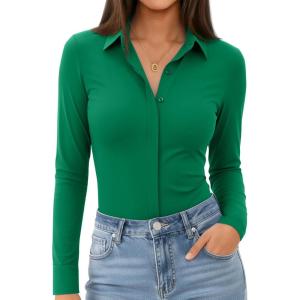 image:imagesiliteelon Womens Stretch Button Down Shirt Fitted Dress Shirt Long Sleeve Wrinkle Free Collared Business Casual BlouseGreen