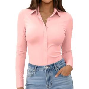image:imagesiliteelon Womens Stretch Button Down Shirt Fitted Dress Shirt Long Sleeve Wrinkle Free Collared Business Casual BlouseLight Pink