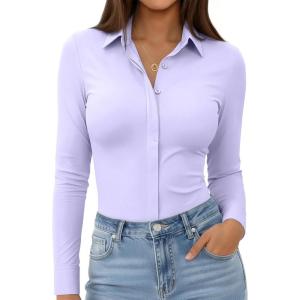 image:imagesiliteelon Womens Stretch Button Down Shirt Fitted Dress Shirt Long Sleeve Wrinkle Free Collared Business Casual BlouseLight Purple