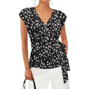 image:imagesiliteelon Womens Wrap Blouse Dressy Casual V Neck Cap Sleeve Dressy Casual Tops Summer Spring Ruched Waist ShirtBlack Ditsy Floral