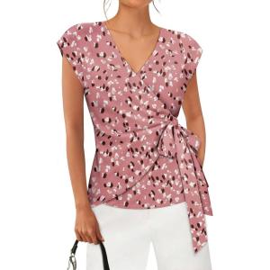 image:imagesiliteelon Womens Wrap Blouse Dressy Casual V Neck Cap Sleeve Dressy Casual Tops Summer Spring Ruched Waist ShirtDusty Rose Floral