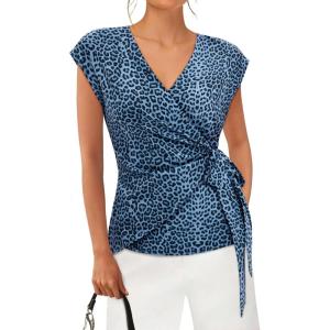 image:imagesiliteelon Womens Wrap Blouse Dressy Casual V Neck Cap Sleeve Dressy Casual Tops Summer Spring Ruched Waist ShirtIce Blue Leopard