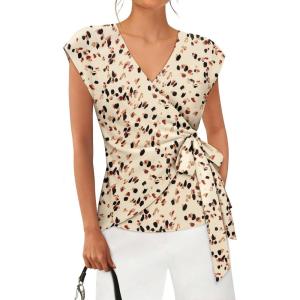 image:imagesiliteelon Womens Wrap Blouse Dressy Casual V Neck Cap Sleeve Dressy Casual Tops Summer Spring Ruched Waist ShirtRustic Mini Floral