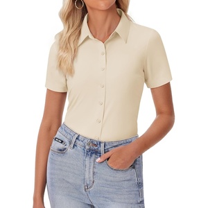 image:imagesiliteelon Womens Button Down Shirt Slim Fit Stretch Short Sleeve Dress Shirt Wrinkle Free Collared Business Work Blouse TopBeige