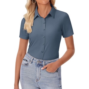 image:imagesiliteelon Womens Button Down Shirt Slim Fit Stretch Short Sleeve Dress Shirt Wrinkle Free Collared Business Work Blouse TopGrey Blue