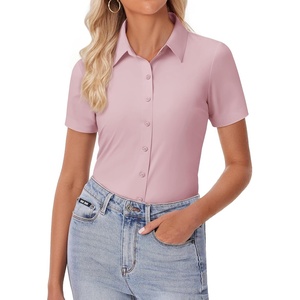 image:imagesiliteelon Womens Button Down Shirt Slim Fit Stretch Short Sleeve Dress Shirt Wrinkle Free Collared Business Work Blouse TopPink