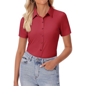 image:imagesiliteelon Womens Button Down Shirt Slim Fit Stretch Short Sleeve Dress Shirt Wrinkle Free Collared Business Work Blouse TopRed
