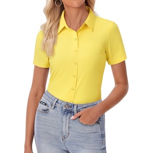 image:imagesiliteelon Womens Button Down Shirt Slim Fit Stretch Short Sleeve Dress Shirt Wrinkle Free Collared Business Work Blouse TopYellow
